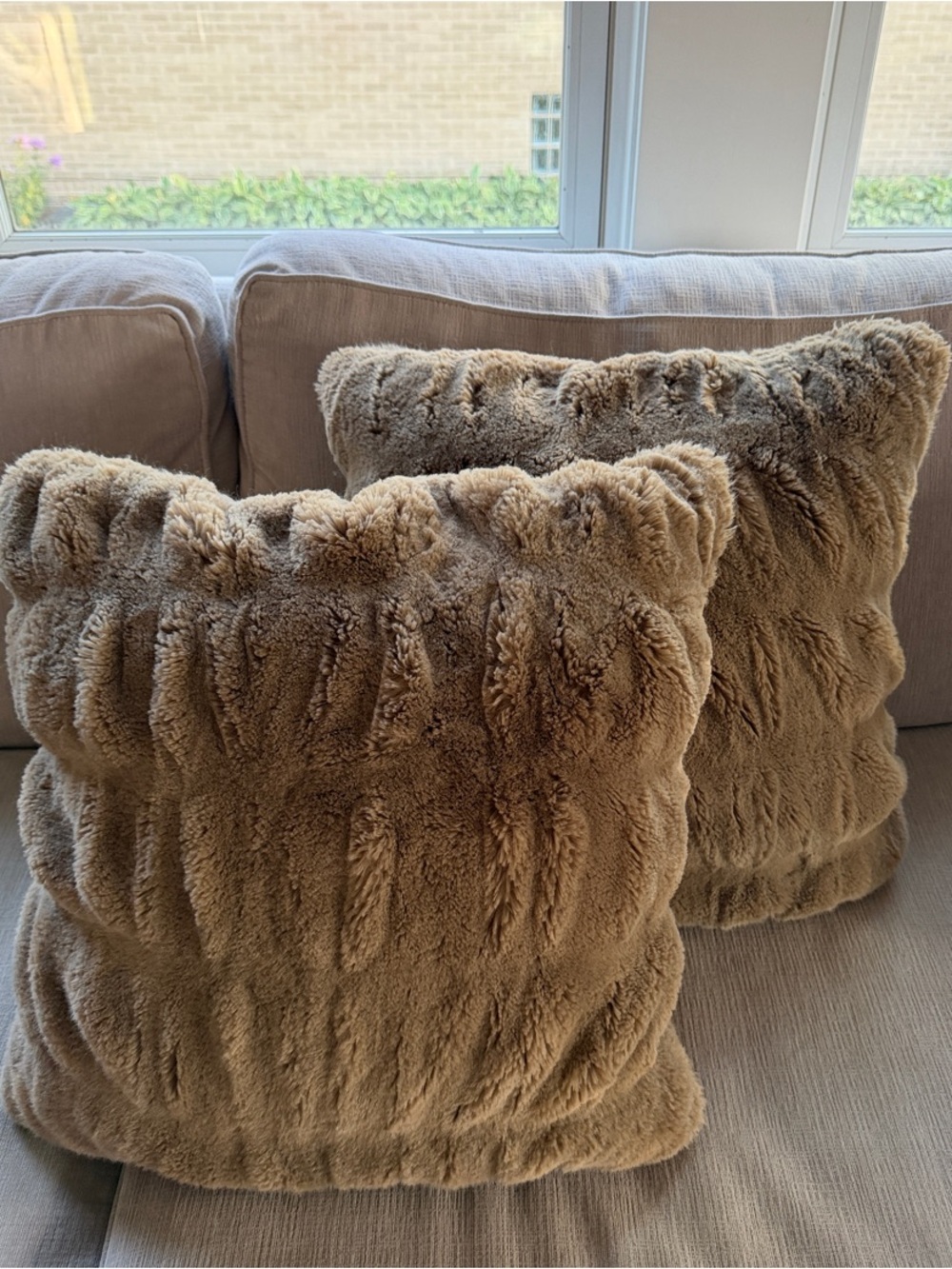 Pottery Barn Ruched Faux Fur Throw Pillows - Taupe Brown